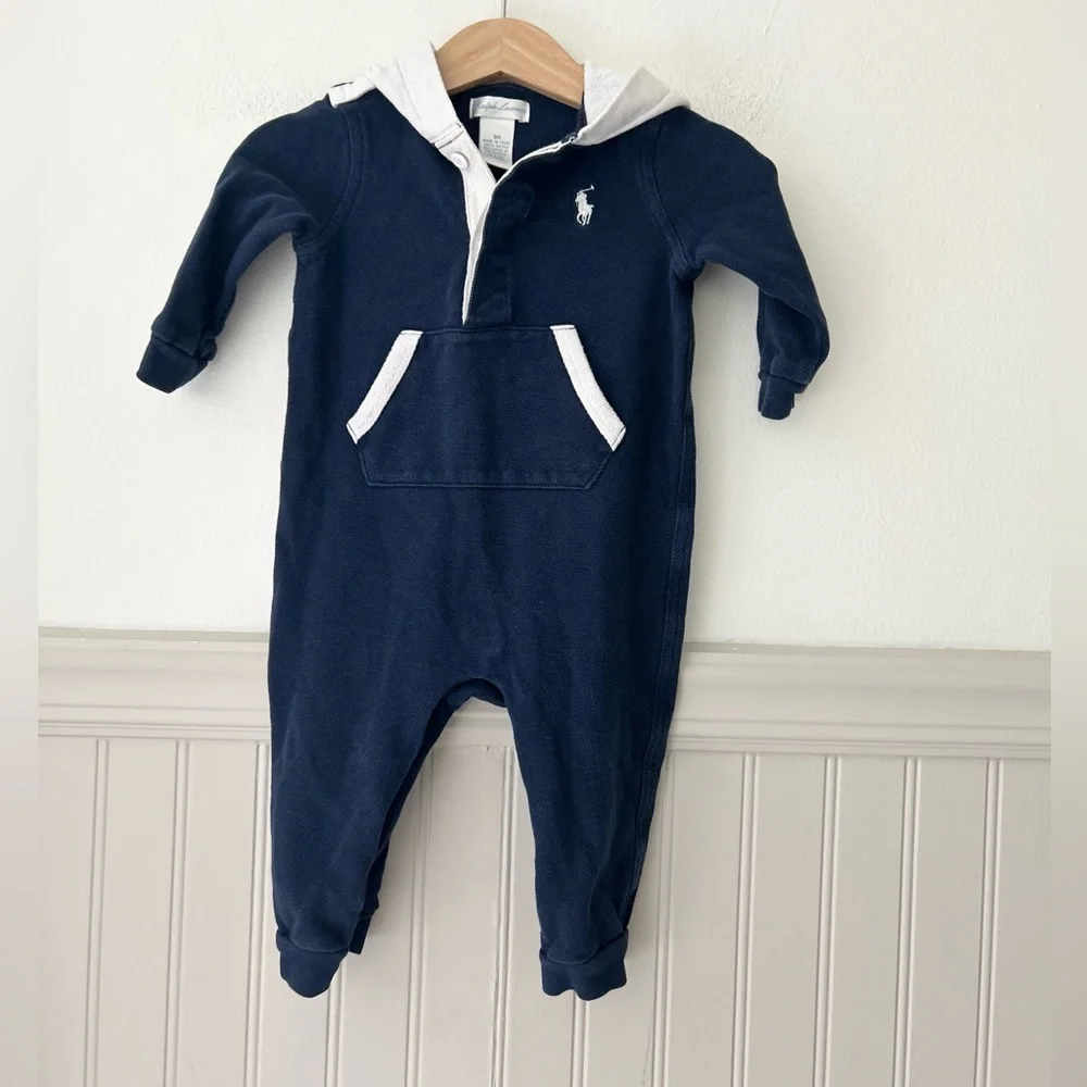 Vintage Ralph Lauren Baby 9 Months Dark Blue Collared Romper One Piece